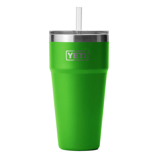 The YETI Rambler 26 oz Stackable Cup with Straw Lid is shown in Canopy Green, featuring a stainless steel body and a secure straw lid.  
