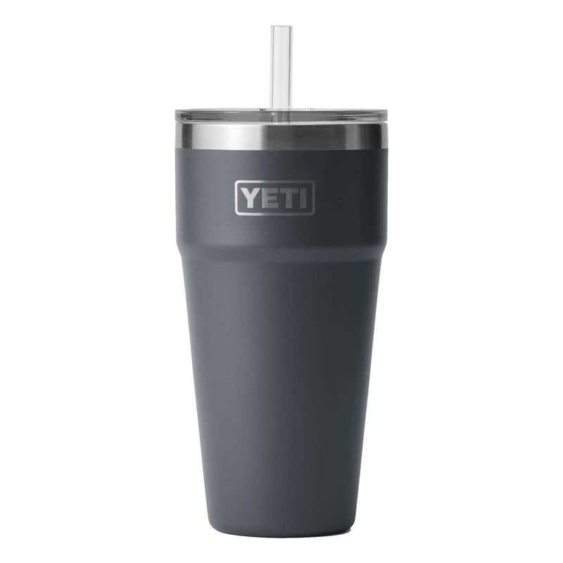 Load image into Gallery viewer, The YETI Rambler 26 oz Stackable Cup with Straw Lid is shown in Charcoal, featuring a stainless steel body and a secure straw lid.  
