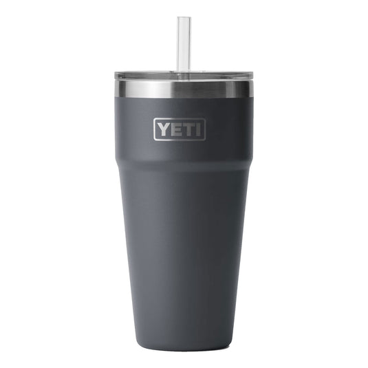 The YETI Rambler 26 oz Stackable Cup with Straw Lid is shown in Charcoal, featuring a stainless steel body and a secure straw lid.  