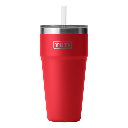 The YETI Rambler 26 oz Stackable Cup with Straw Lid is shown in Rescue Red, featuring a stainless steel body and a secure straw lid.  