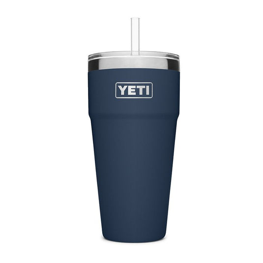 The YETI Rambler 26 oz Stackable Cup with Straw Lid is shown in Navy, featuring a stainless steel body and a secure straw lid.  