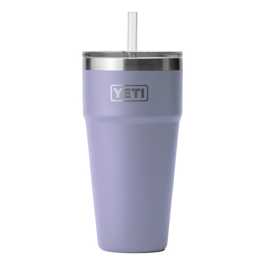 The YETI Rambler 26 oz Stackable Cup with Straw Lid is shown in Cosmic Lilac, featuring a stainless steel body and a secure straw lid.  