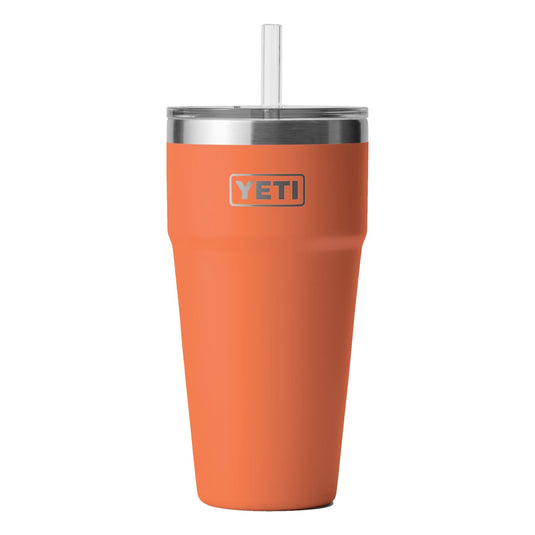 The YETI Rambler 26 oz Stackable Cup with Straw Lid is shown in High Desert Clay, featuring a stainless steel body and a secure straw lid.  