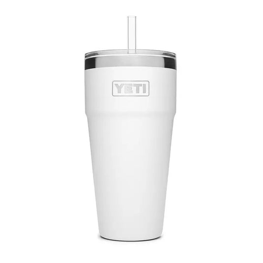 The YETI Rambler 26 oz Stackable Cup with Straw Lid is shown in White, featuring a stainless steel body and a secure straw lid.  