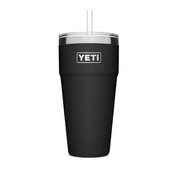 The YETI Rambler 26 oz Stackable Cup with Straw Lid is shown in black, featuring a stainless steel body and a secure straw lid.  