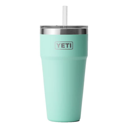 The YETI Rambler 26 oz Stackable Cup with Straw Lid is shown in Seafoam, featuring a stainless steel body and a secure straw lid.  