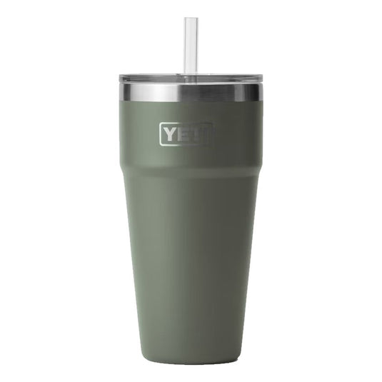 The YETI Rambler 26 oz Stackable Cup with Straw Lid is shown in Camp Green, featuring a stainless steel body and a secure straw lid.  
