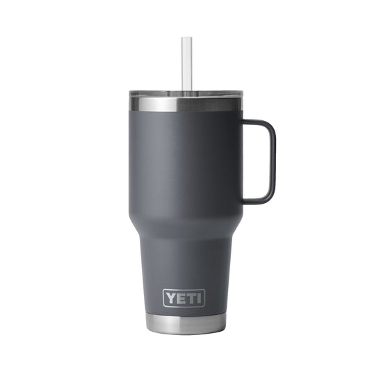 The image shows the YETI Rambler 35 OZ Straw Mug, a sleek stainless steel mug with a straw lid.