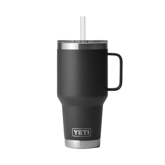 The image shows the YETI Rambler 35 OZ Straw Mug, a sleek stainless steel mug with a straw lid.